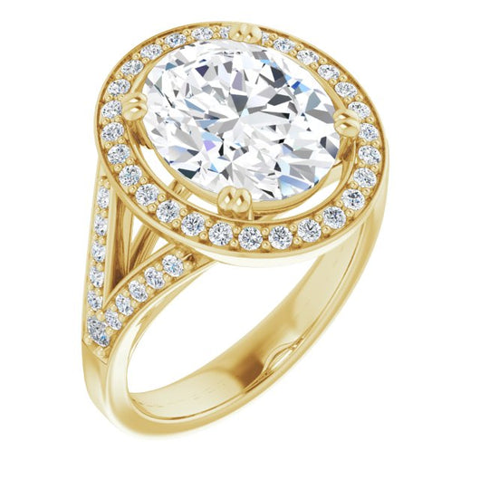 10K Yellow Gold Customizable Cathedral-set Oval Cut Style with Accented Split Band and Halo