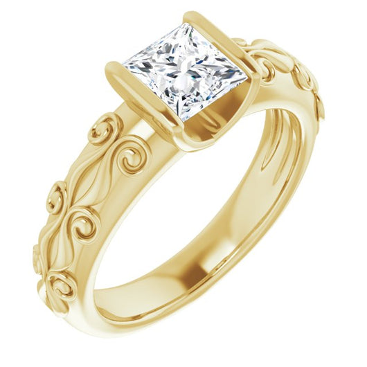 10K Yellow Gold Customizable Bar-set Princess/Square Cut Setting featuring Organic Band