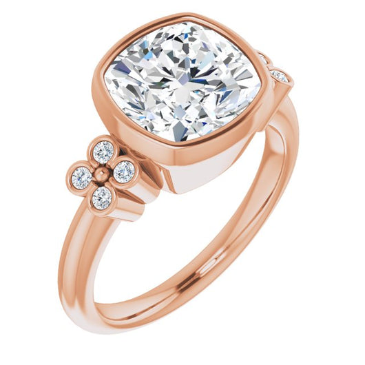 10K Rose Gold Customizable 9-stone Bezel-set Cushion Cut Design with Quad Round Bezel Side Stones Each Side