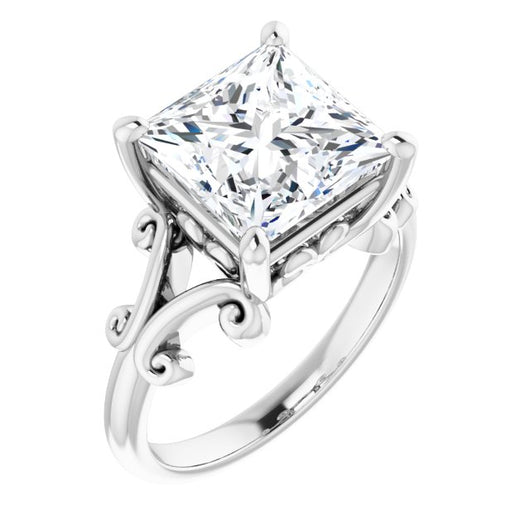 10K White Gold Customizable Princess/Square Cut Solitaire with Band Flourish and Decorative Trellis