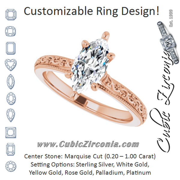 Cubic Zirconia Engagement Ring- The Conchita (Customizable Marquise Cut Solitaire with Delicate Milgrain Filigree Band)