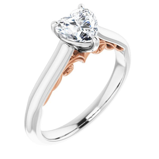 14K White & Rose Gold Customizable Heart Cut Cathedral Solitaire with Two-Tone Option Decorative Trellis 'Down Under'