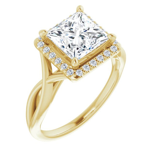 10K Yellow Gold Customizable Cathedral-Halo Princess/Square Cut Design with Twisting Split Band