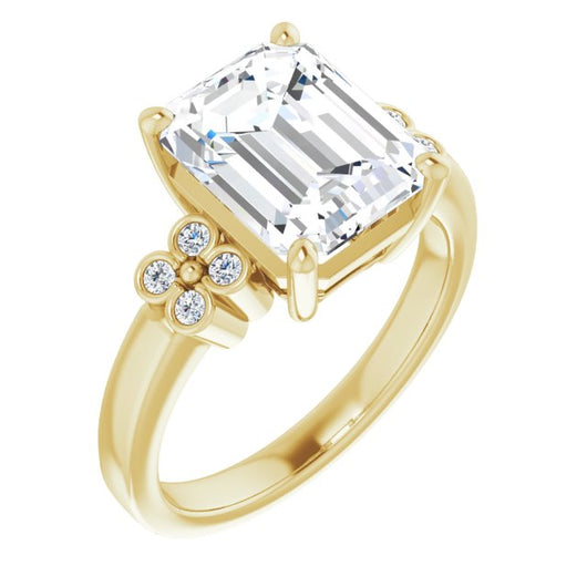 10K Yellow Gold Customizable 9-stone Design with Emerald/Radiant Cut Center and Complementary Quad Bezel-Accent Sets