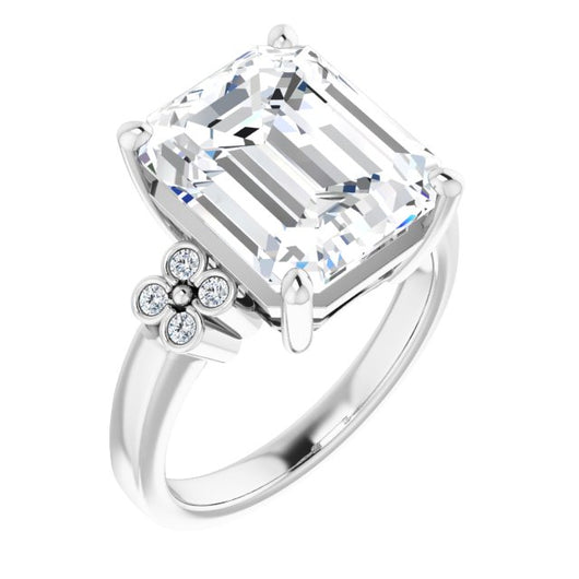 10K White Gold Customizable 9-stone Design with Emerald/Radiant Cut Center and Complementary Quad Bezel-Accent Sets