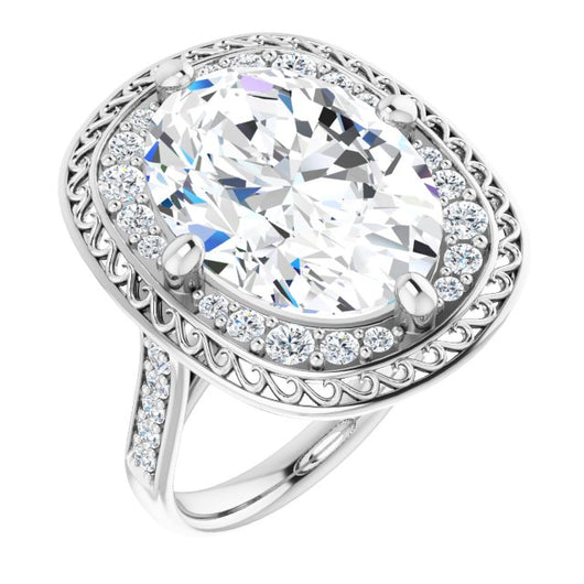 10K White Gold Customizable Cathedral-style Oval Cut featuring Cluster Accented Filigree Setting & Shared Prong Band