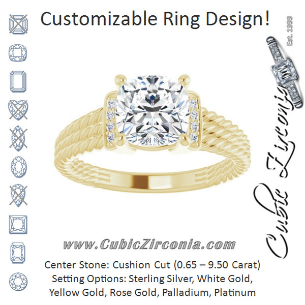 Cubic Zirconia Engagement Ring- The Junio (Customizable 11-stone Design featuring Cushion Cut Center, Vertical Round-Channel Accents & Wide Triple-Rope Band)