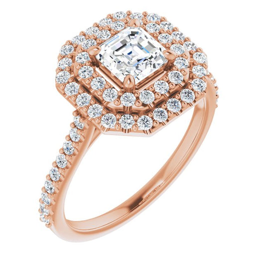 10K Rose Gold Customizable Double-Halo Asscher Cut Design with Accented Split Band