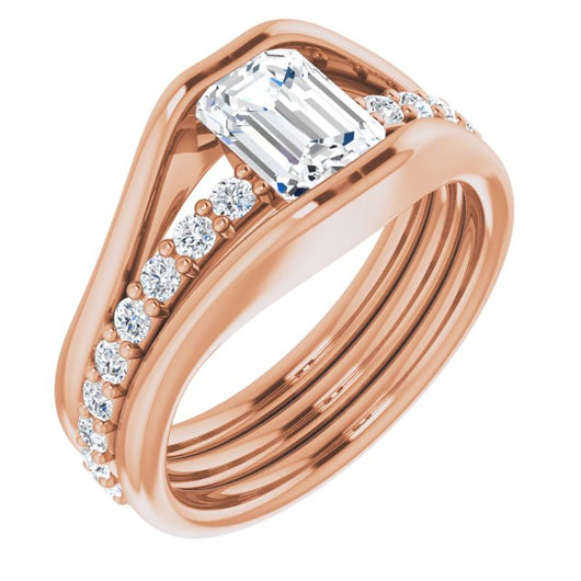 10K Rose Gold Customizable Bezel-set Emerald/Radiant Cut Style with Thick Pavé Band