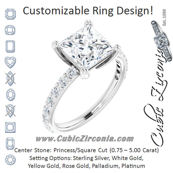 Cubic Zirconia Engagement Ring- The Chandita (Customizable Princess/Square Cut Design with Large Round Cut 3/4 Band Accents)