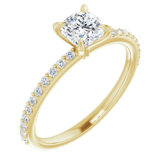 10K Yellow Gold Customizable Cushion Cut Style with Delicate Pavé Band