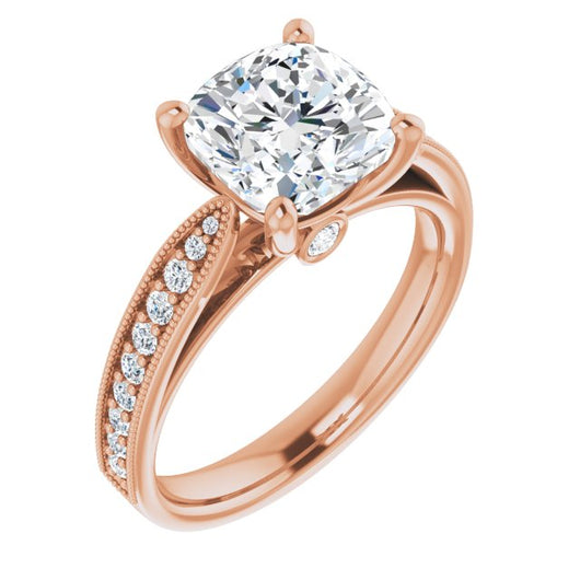 10K Rose Gold Customizable Cushion Cut Style featuring Milgrained Shared Prong Band & Dual Peekaboos