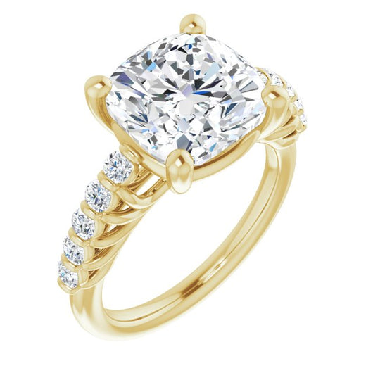 10K Yellow Gold Customizable Cushion Cut Style with Round Bar-set Accents