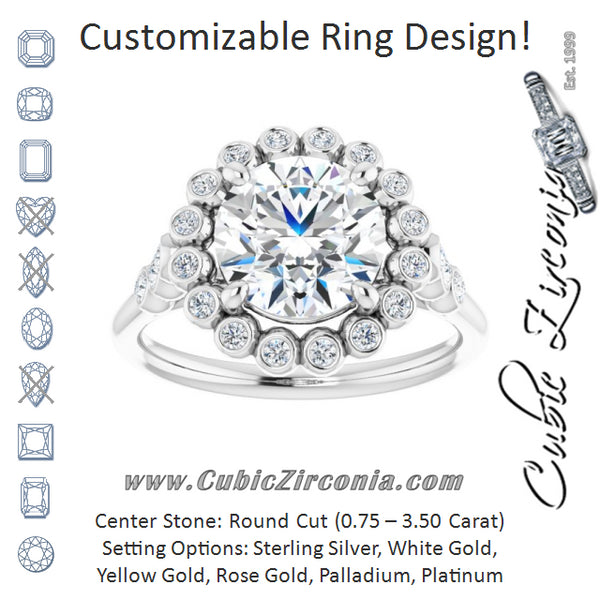 Cubic Zirconia Engagement Ring- The Chandni (Customizable Round Cut Cathedral-Style Clustered Halo Design with Round Bezel Accents)