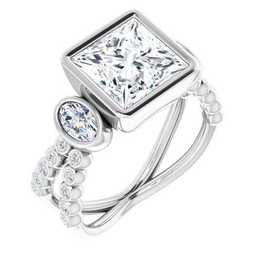 10K White Gold Customizable Bezel-set Princess/Square Cut Design with Dual Bezel-Oval Accents and Round-Bezel Accented Split Band