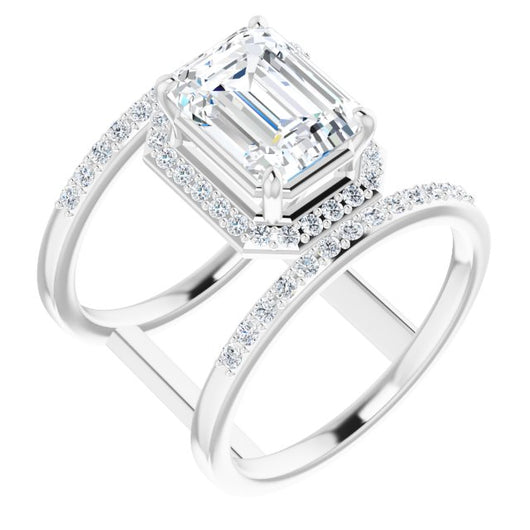 10K White Gold Customizable Emerald/Radiant Cut Halo Design with Open, Ultrawide Harness Double Pavé Band