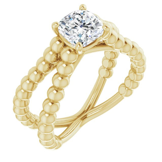 10K Yellow Gold Customizable Cushion Cut Solitaire with Wide Beaded Split-Band