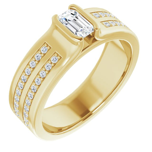 10K Yellow Gold Customizable Bezel-set Emerald/Radiant Cut Design with Thick Band featuring Double-Row Shared Prong Accents