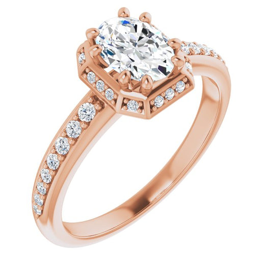 10K Rose Gold Customizable Oval Cut Design with Geometric Under-Halo and Shared Prong Band