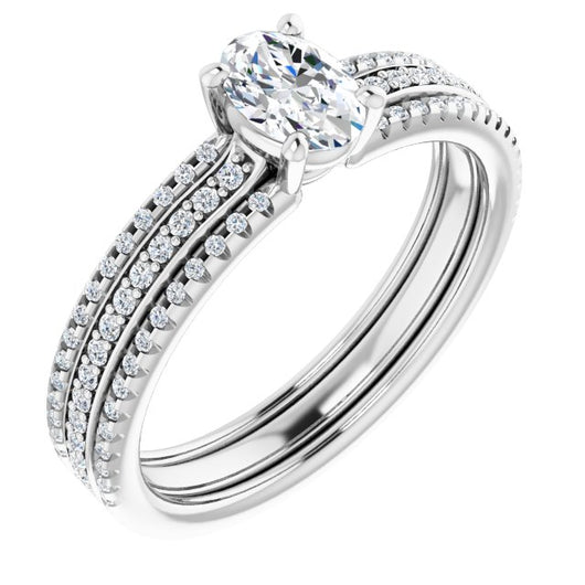 10K White Gold Customizable Oval Cut Center with Wide Pavé Accented Band