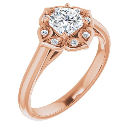 10K Rose Gold Customizable Cathedral-raised Cushion Cut Design with Star Halo & Round-Bezel Peekaboo Accents