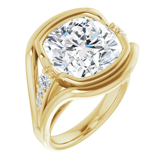 10K Yellow Gold Customizable 9-stone Cushion Cut Design with Bezel Center, Wide Band and Round Prong Side Stones