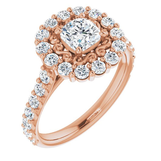 10K Rose Gold Customizable Cushion Cut Cathedral Style with Oversized Halo