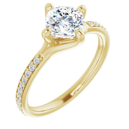 10K Yellow Gold Customizable Cushion Cut Design featuring Thin Band and Shared-Prong Round Accents