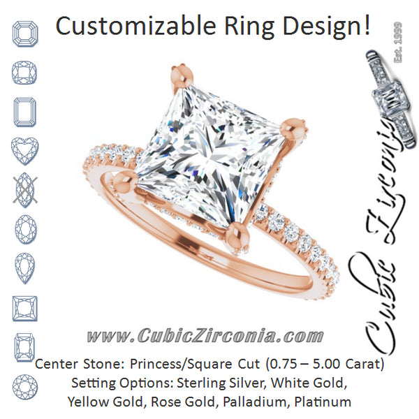 Cubic Zirconia Engagement Ring- The Maleny (Customizable Princess/Square Cut Design with Round-Accented Band, Micropavé Under-Halo and Decorative Prong Accents))