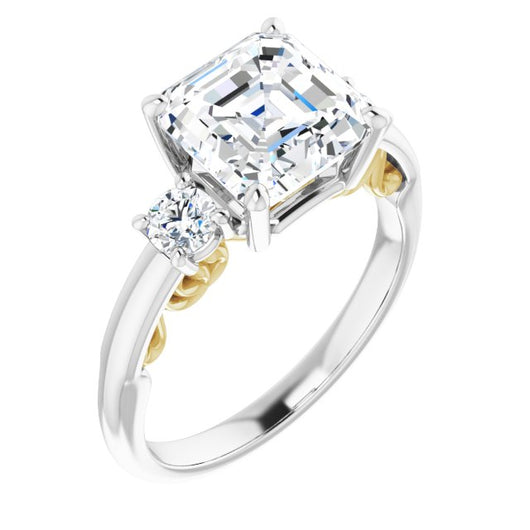 14K White & Yellow Gold Customizable Asscher Cut 3-stone Style featuring Heart-Motif Band Enhancement