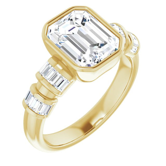 10K Yellow Gold Customizable Bezel-set Emerald/Radiant Cut Design with Quad Horizontal Band Sleeves of Baguette Accents