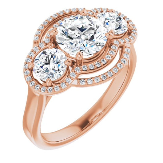 10K Rose Gold Customizable Cathedral-set Enhanced 3-stone Round Cut Design with Multidirectional Halo