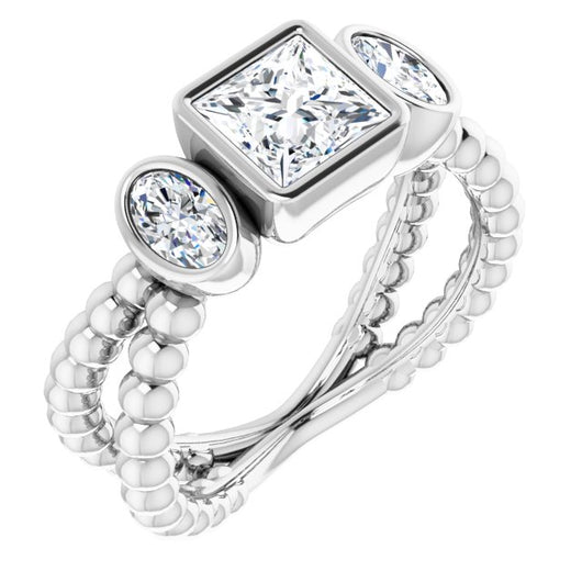 10K White Gold Customizable 3-stone Princess/Square Cut Design with 2 Oval Cut Side Stones and Wide, Bubble-Bead Split-Band