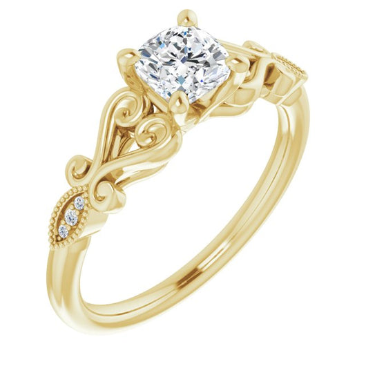 10K Yellow Gold Customizable 7-stone Design with Cushion Cut Center Plus Sculptural Band and Filigree