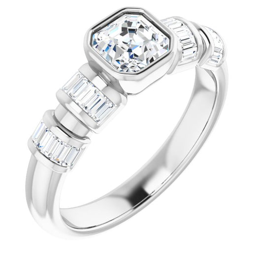 10K White Gold Customizable Bezel-set Asscher Cut Design with Quad Horizontal Band Sleeves of Baguette Accents