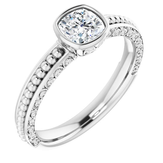 10K White Gold Customizable Bezel-set Cushion Cut Solitaire with Beaded and Carved Three-sided Band