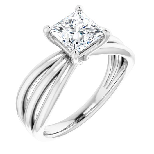 10K White Gold Customizable Princess/Square Cut Solitaire Design with Wide, Ribboned Split-band