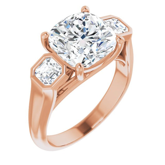 10K Rose Gold Customizable 3-stone Cathedral Cushion Cut Design with Twin Asscher Cut Side Stones