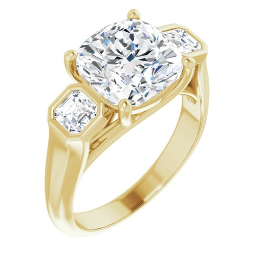 10K Yellow Gold Customizable 3-stone Cathedral Cushion Cut Design with Twin Asscher Cut Side Stones