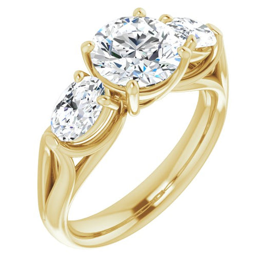 10K Yellow Gold Customizable Cathedral-set 3-stone Round Cut Style with Dual Oval Cut Accents & Wide Split Band