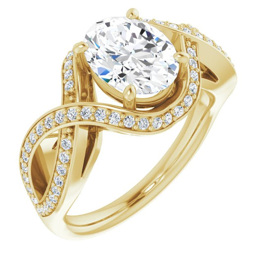 10K Yellow Gold Customizable Oval Cut Design with Twisting, Infinity-Shared Prong Split Band and Bypass Semi-Halo