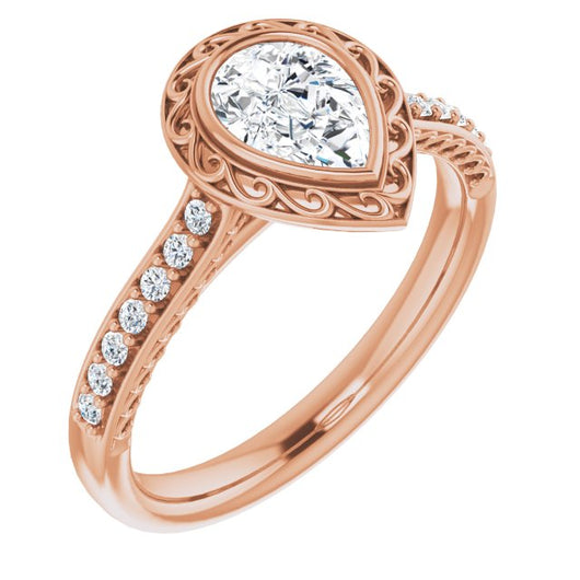 10K Rose Gold Customizable Cathedral-Bezel Pear Cut Design featuring Accented Band with Filigree Inlay