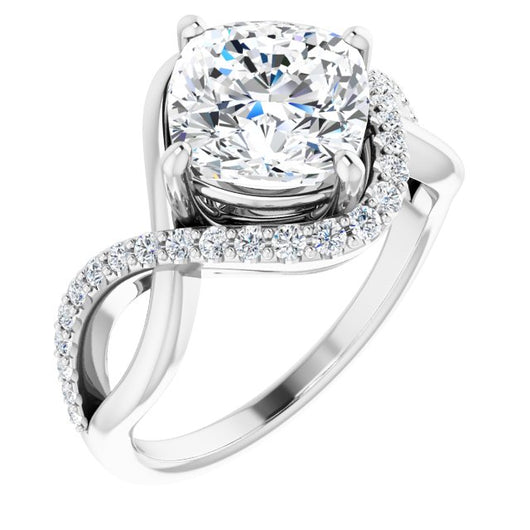 10K White Gold Customizable Cushion Cut Design with Semi-Accented Twisting Infinity Bypass Split Band and Half-Halo