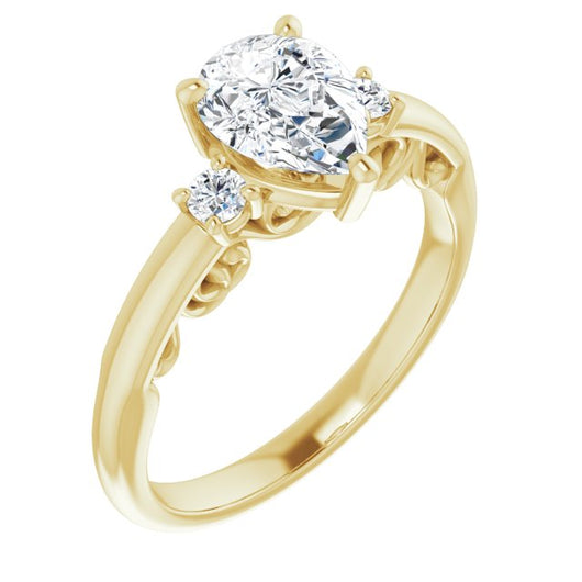 10K Yellow Gold Customizable Pear Cut 3-stone Style featuring Heart-Motif Band Enhancement