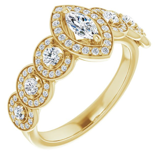 10K Yellow Gold Customizable Cathedral-set Marquise Cut 7-stone style Enhanced with 7 Halos