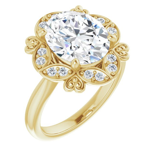 10K Yellow Gold Customizable Oval Cut Design with Floral Segmented Halo & Sculptural Basket