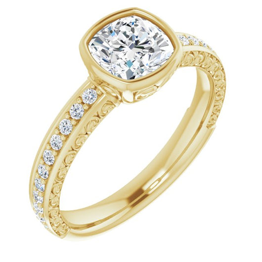 10K Yellow Gold Customizable Bezel-set Cushion Cut Design with Cloud-pattern Band & Semi-Eternity Accents