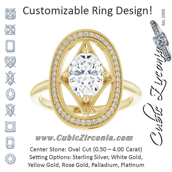 Cubic Zirconia Engagement Ring- The Mireya (Customizable Kite-Rhombus Oval Cut Design with Beaded Milgrain & Halo Accents)