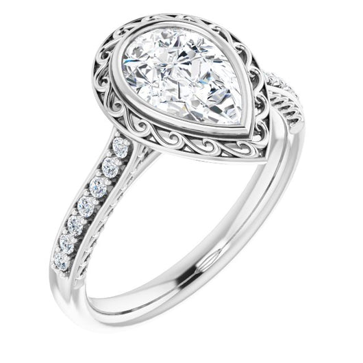 10K White Gold Customizable Cathedral-Bezel Pear Cut Design featuring Accented Band with Filigree Inlay