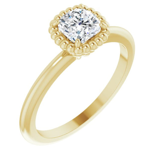 10K Yellow Gold Customizable Cushion Cut Solitaire with Beaded Metallic Milgrain